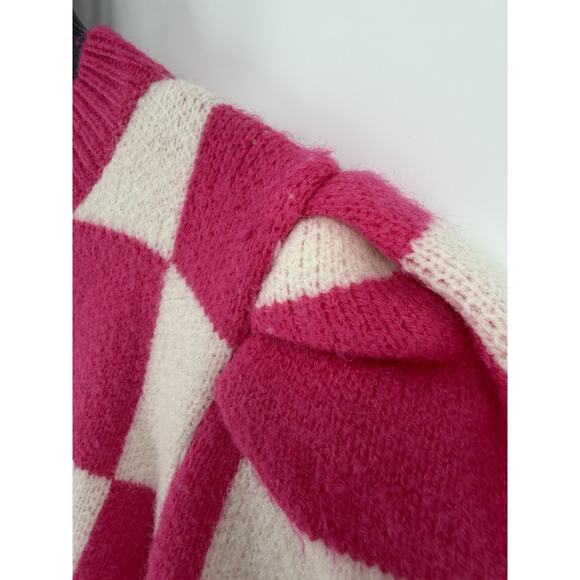 &merci Pink White Checkered Short Sleeve Sweater Womens Size Medium Crew Neck - Picture 5 of 6